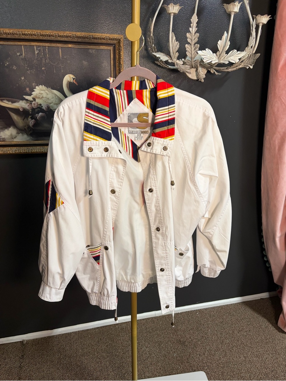 Current Seen White Jacket with Multicolor Stripe Trim